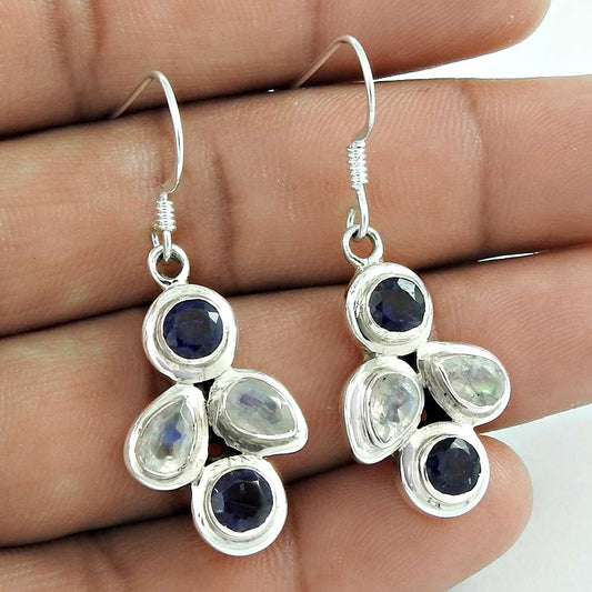Sterling Silver Jewellery High Polish Rainbow Moonstone Iolite Gemstone Earrings