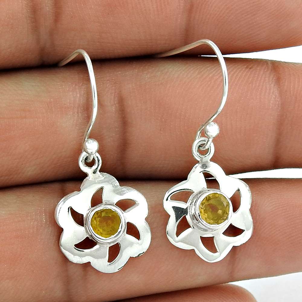 Natural Citrine Gemstone Dangle Bohemian Earrings 925 Silver For Girls R69