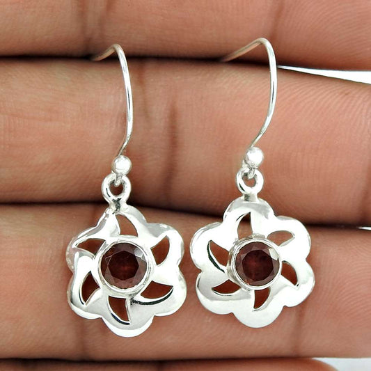 Natural Garnet Gemstone Dangle Boho Red Earrings 925 Sterling Silver U69