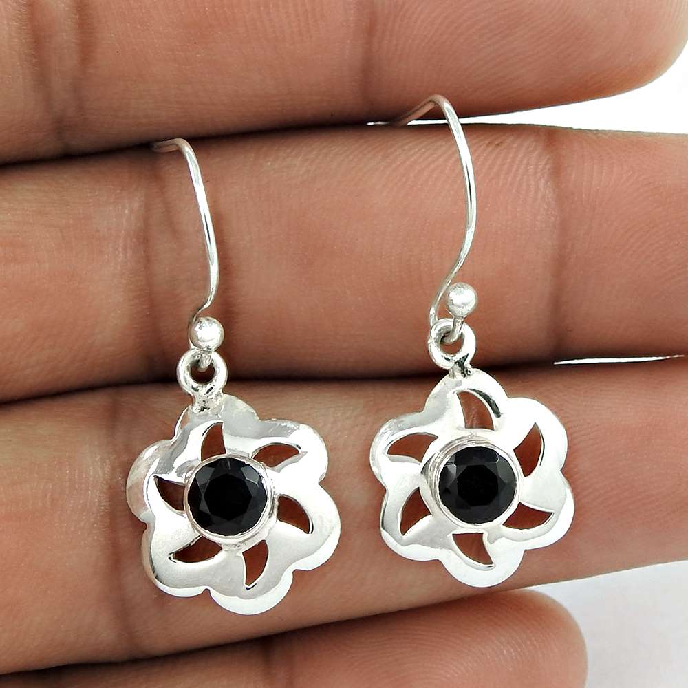 Natural Black Onyx Dangle Vintage Earrings 925 Silver For Women C70