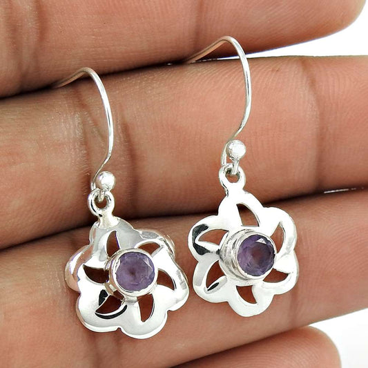 Gift For Her 925 Silver Natural Amethyst Dangle Vintage Earrings G70