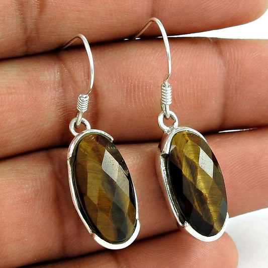 Natural Tiger'S Eye 925 Silver Dangle Vintage Earrings For Women M70