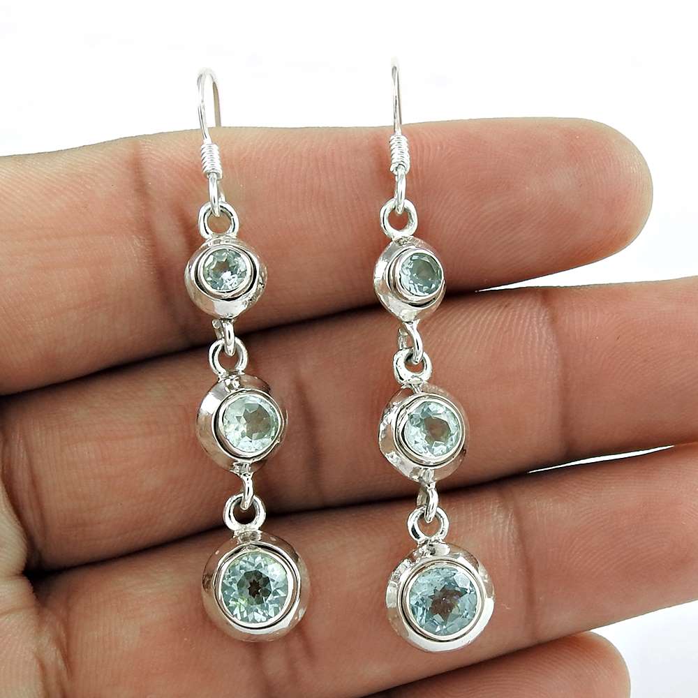 925 Sterling Silver Vintage Jewellery Traditional Blue Topaz Gemstone Earrings