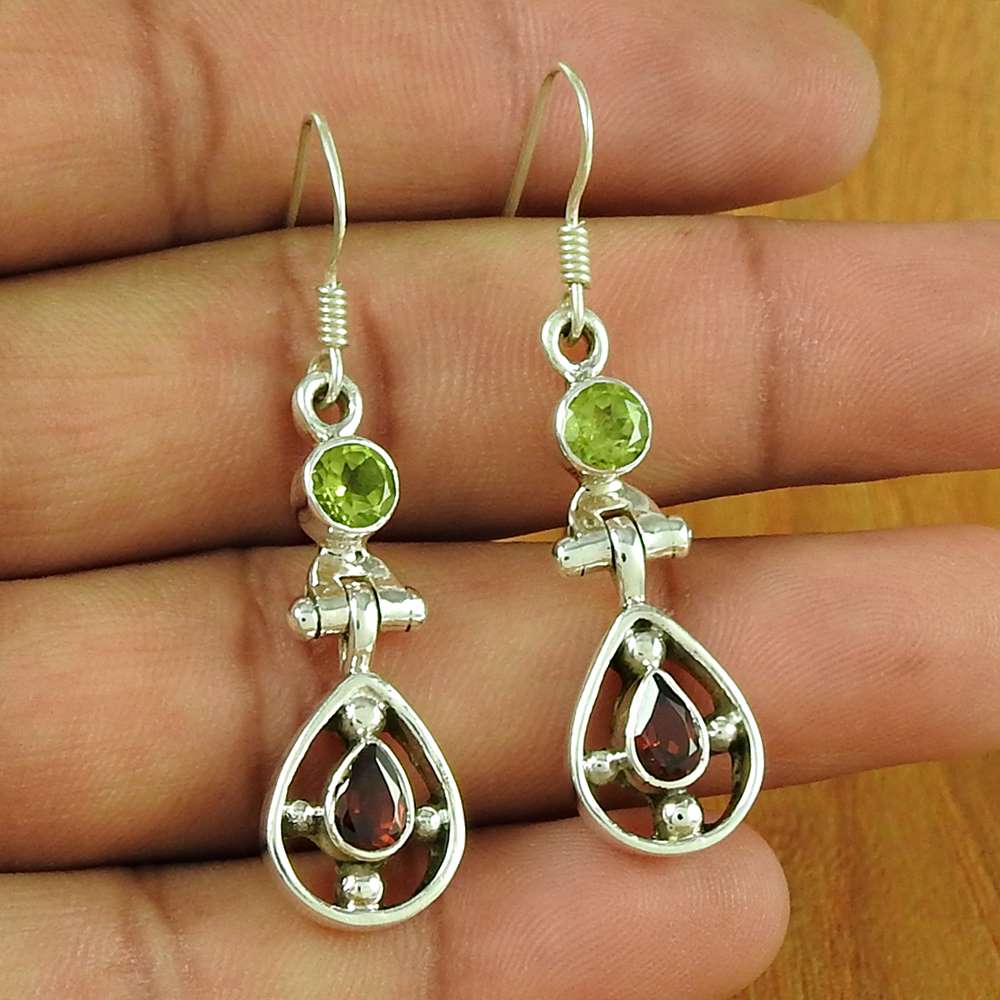 925 Sterling Silver Gemstone Jewellery Charming Peridot & Garnet Gemstone Earrings