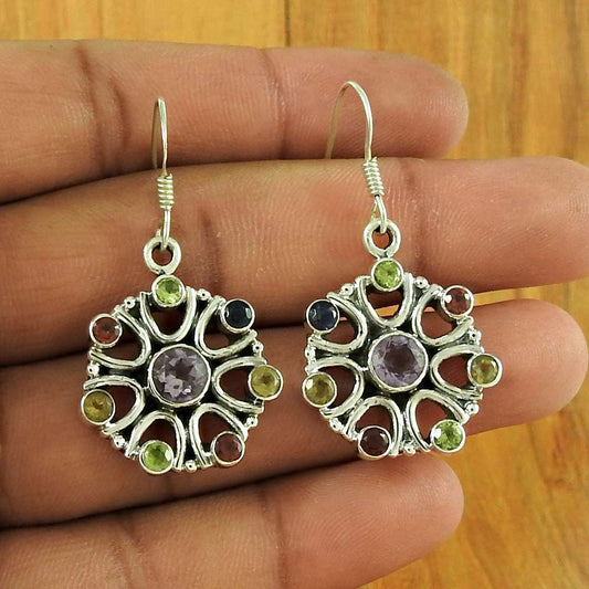 Natural Amethyst Gemstone 925 Silver Dangle Ethnic Earrings For Women I71