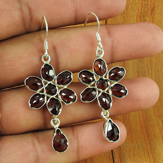Birthday Gift For Her Natural Garnet Dangle Ethnic Earrings 925 Silver K71