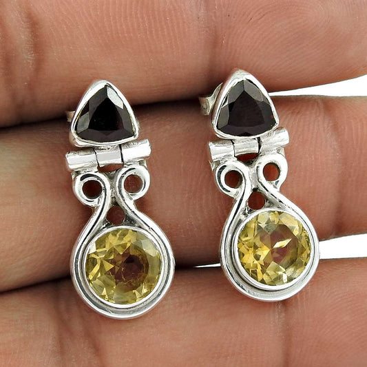 Classic 925 Sterling Silver Garnet & Citrine Gemstone Earring Jewellery