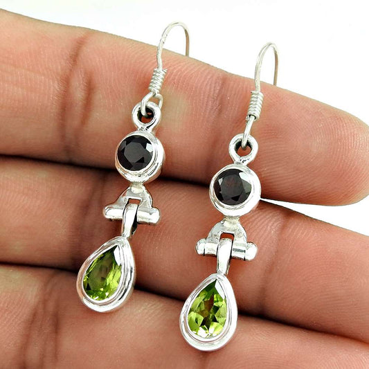Indian Sterling Silver Jewellery Ethnic Garnet & Peridot Gemstone Earrings