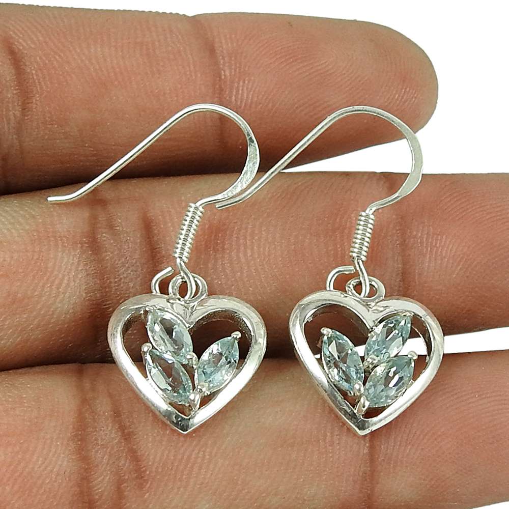 Pretty 925 Sterling Silver Blue Topaz Gemstone Heart Earrings