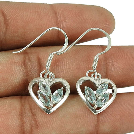 Pretty 925 Sterling Silver Blue Topaz Gemstone Heart Earrings