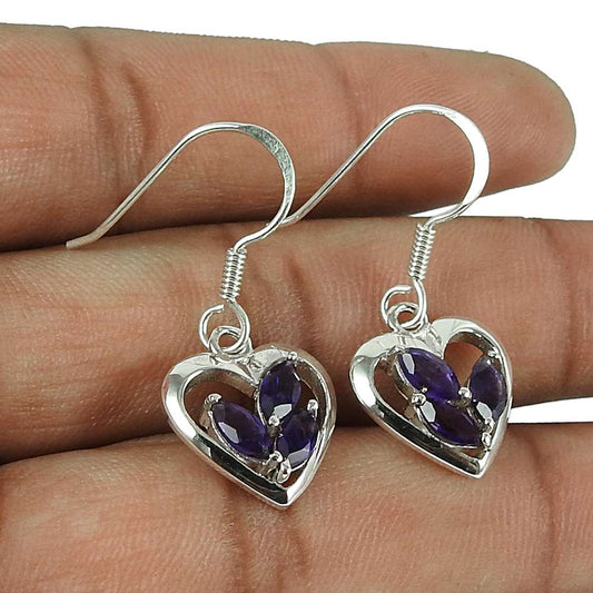 Excellent 925 Sterling Silver Amethyst Gemstone Heart Earrings