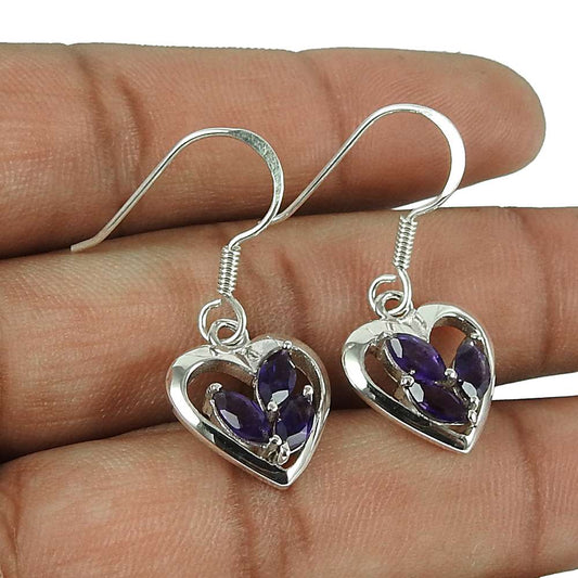 Rare 925 Sterling Silver Amethyst Gemstone Heart Earrings