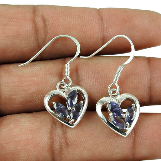 Fashion 925 Sterling Silver Iolite Gemstone Heart Earrings