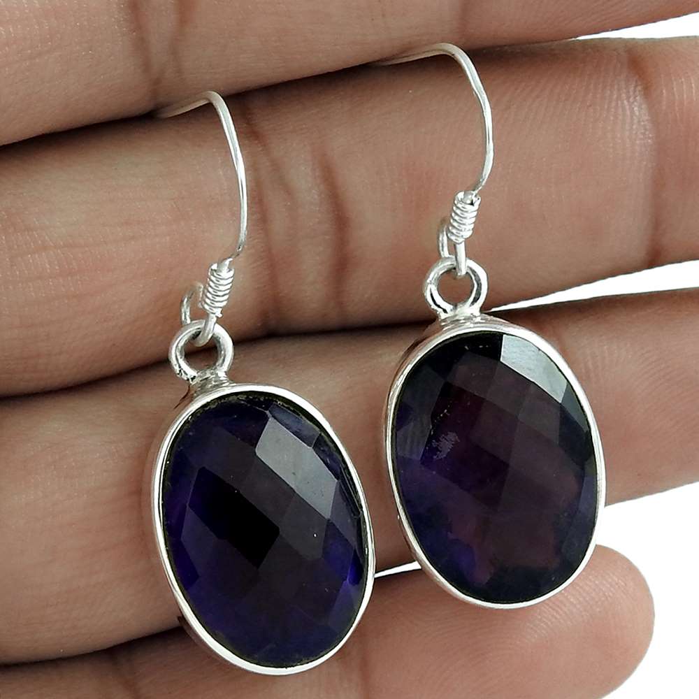 Natural Amethyst Gemstone Dangle Tribal Earrings 925 Silver For Women Z74