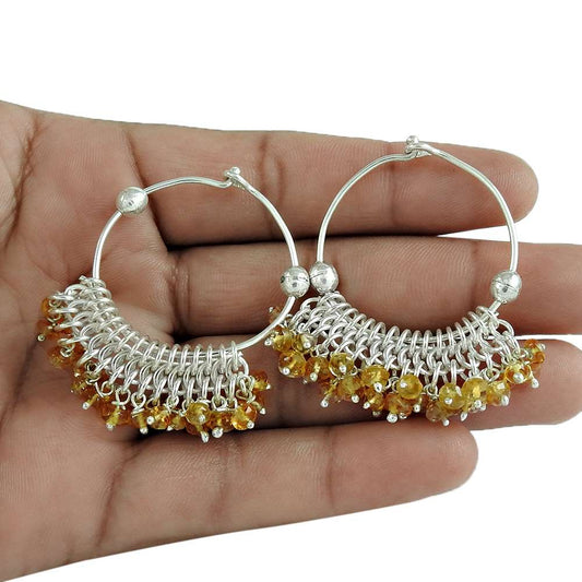 Natural Citrine Gemstone Hoop Tribal Earrings 925 Sterling Silver Jewelry E76