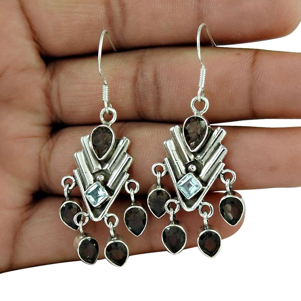 Gift For Women Dangle Vintage Earrings 925 Silver Natural Smoky Quartz S76