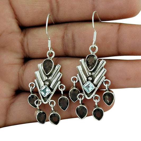 Gift For Women Dangle Vintage Earrings 925 Silver Natural Smoky Quartz S76