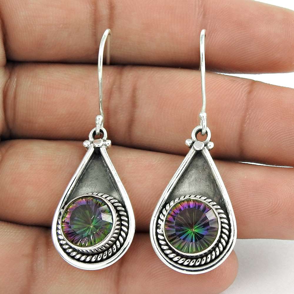 Gift For Her 925 Silver Natural Mystic Topaz Dangle Vintage Earrings L77