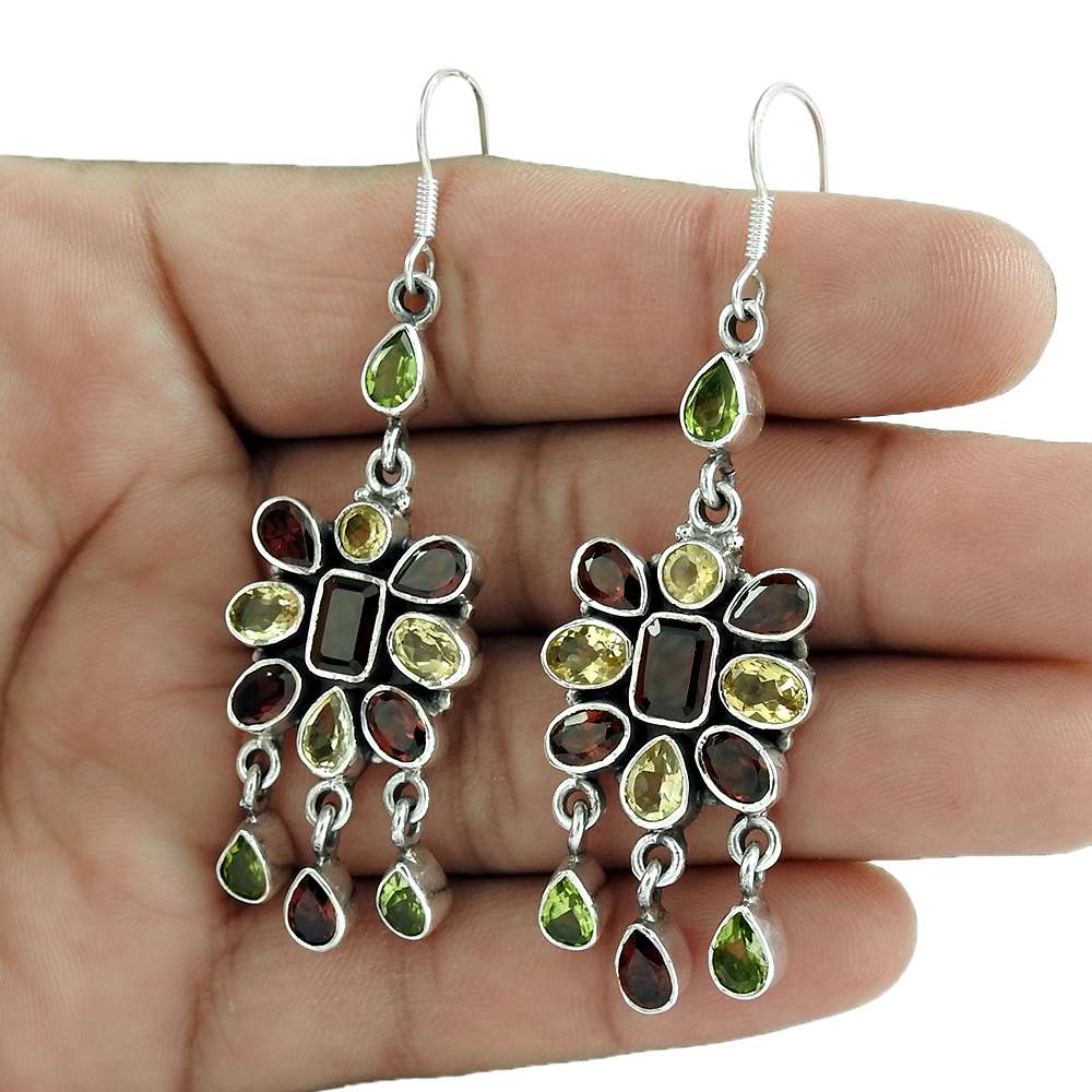 Natural Citrine Gemstone 925 Silver Dangle Ethnic Earrings For Girls P77