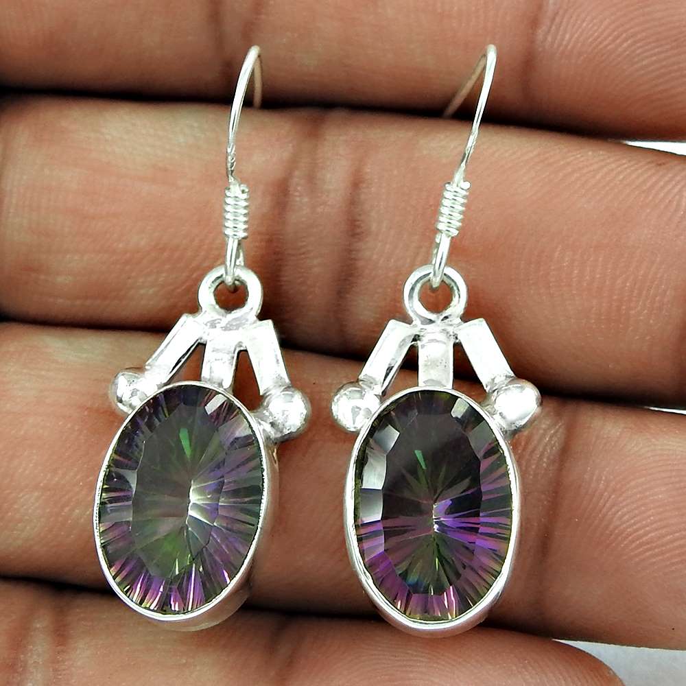 Gift For Her Natural Mystic Topaz Dangle Vintage Earrings 925 Silver K78