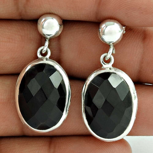 Gift For Her Natural Black Onyx Dangle Vintage Earrings 925 Silver R78