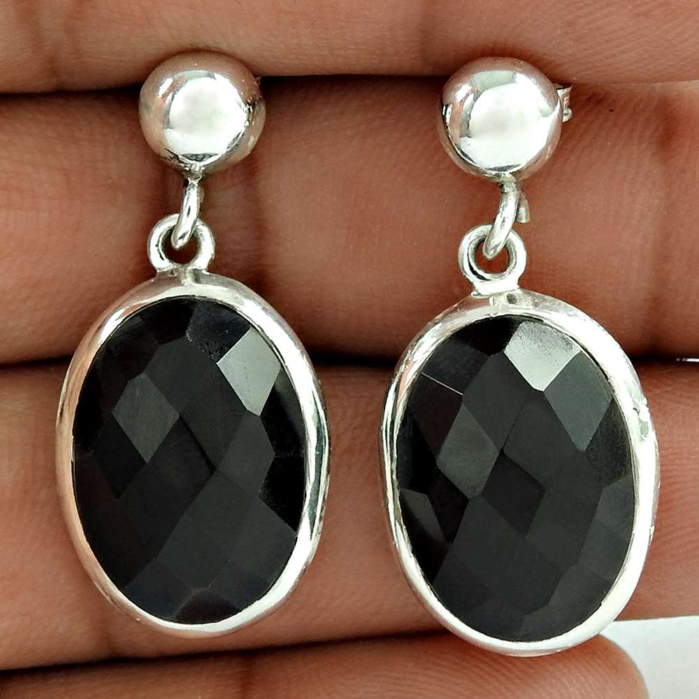 Natural Black Onyx 925 Silver Dangle Bohemian Earrings For Girls S78