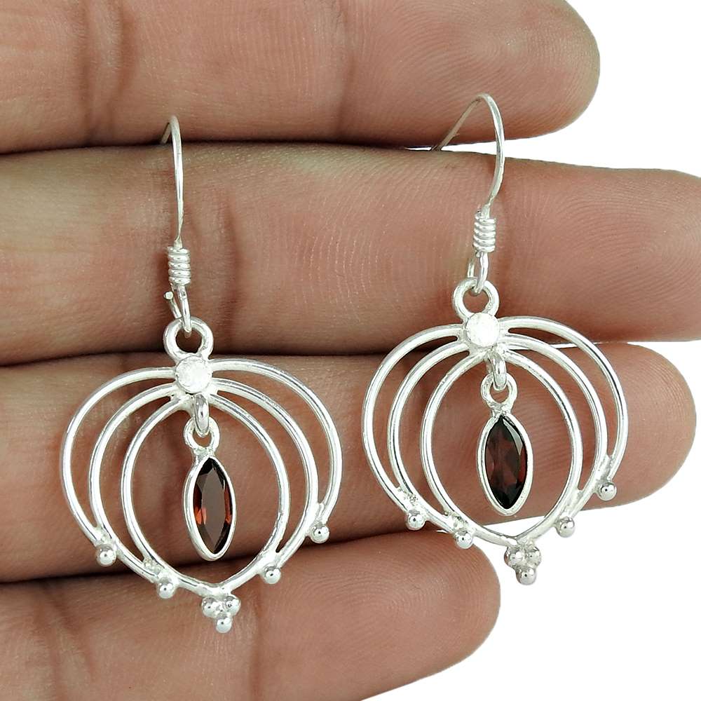 Natural Garnet Gemstone Dangle Tribal Earrings 925 Silver For Girls B79