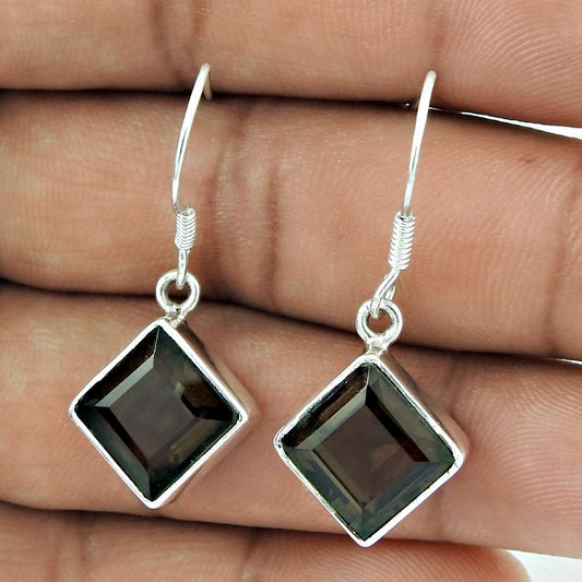 Gift For Women Dangle Ethnic Earrings 925 Silver Natural Smoky Quartz C79
