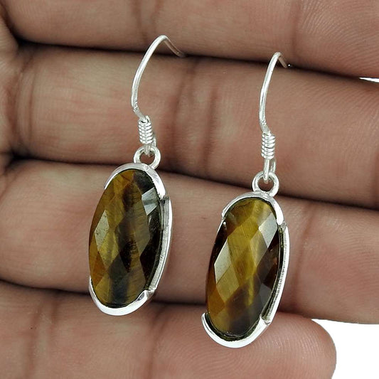 Woman Gift Natural Tiger'S Eye Dangle Earrings 925 Sterling Silver C11