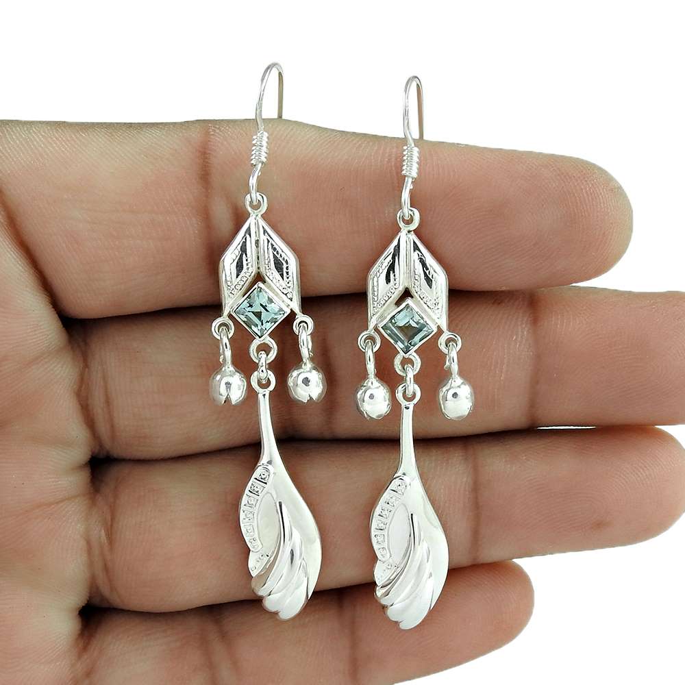 Natural Topaz Gemstone 925 Silver Dangle Vintage Earrings For Women K79