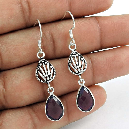 Natural Amethyst Gemstone 925 Silver Dangle Boho Earrings For Women I80