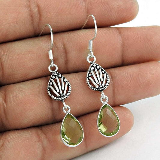 Natural Green Amethyst Dangle Bohemian Earrings 925 Silver For Women K80