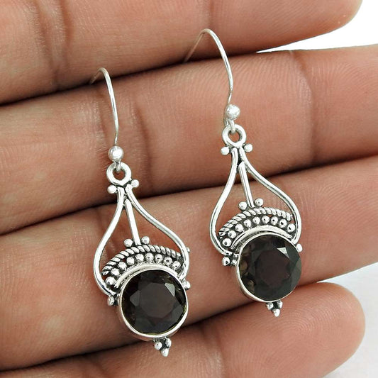 Gift For Her 925 Silver Natural Smoky Quartz Dangle Ethnic Earrings L80