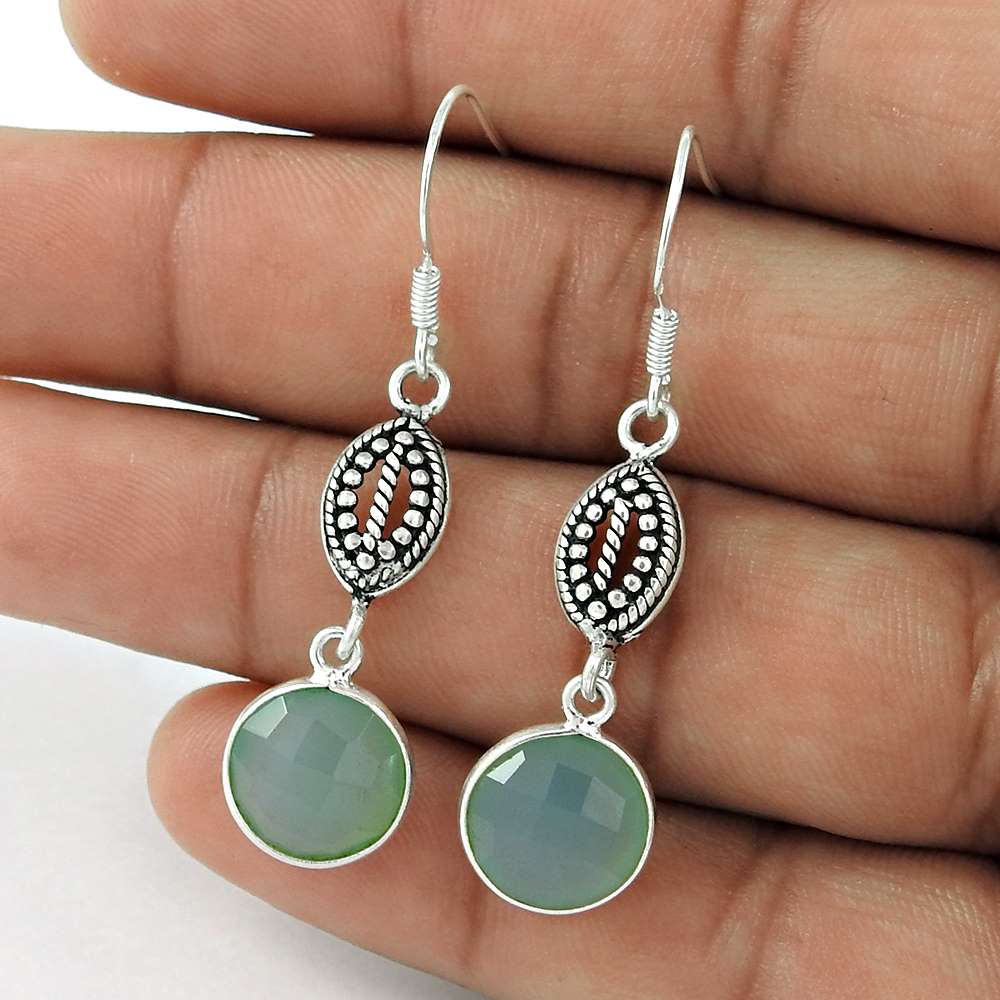 Gift For Her 925 Silver Natural Chalcedony Dangle Ethnic Earrings N80