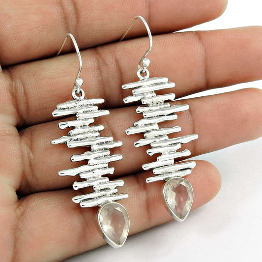 Gift For Her 925 Silver Natural Rose Quartz Dangle Ethnic Earrings Q4
