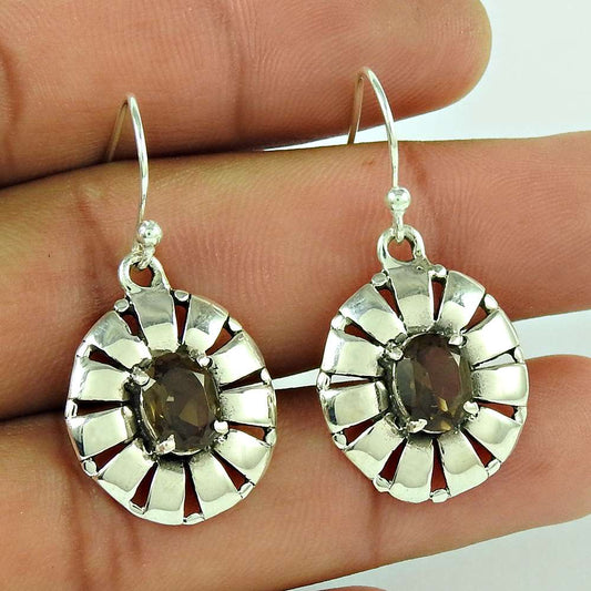 Rare 925 Sterling Silver Smoky Quartz Gemstone Earring Ethnic Jewellery
