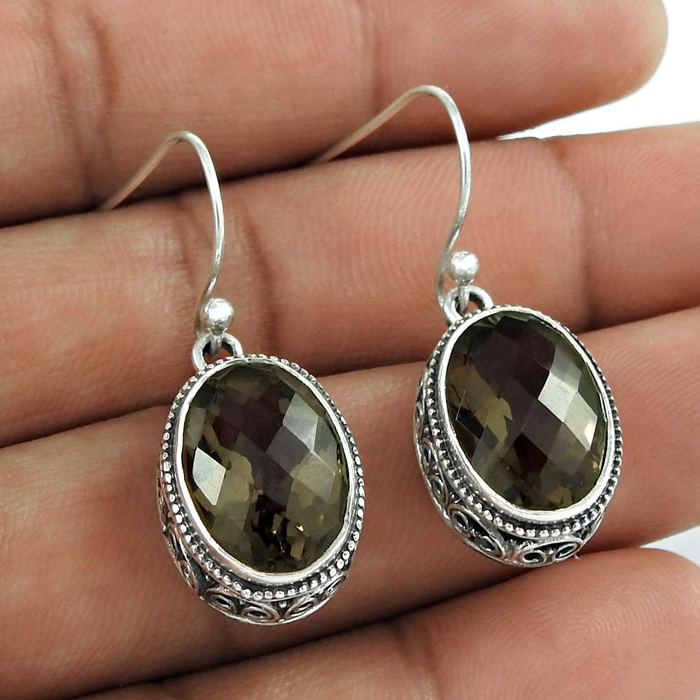 Natural Smoky Quartz Dangle Vintage Earrings 925 Silver For Women H81