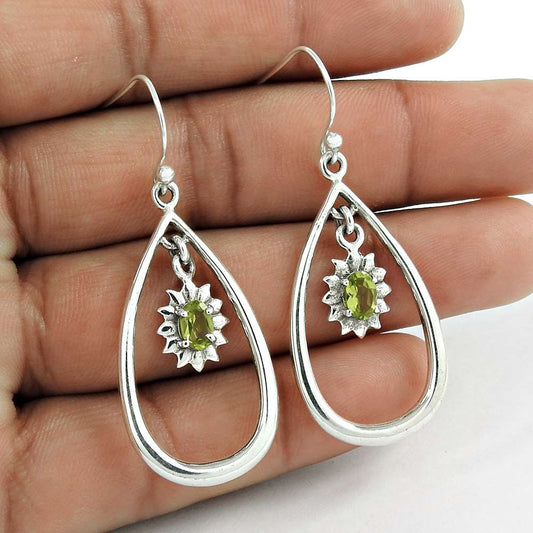 Natural Peridot Gemstone Dangle Boho Earrings 925 Silver For Girls D83