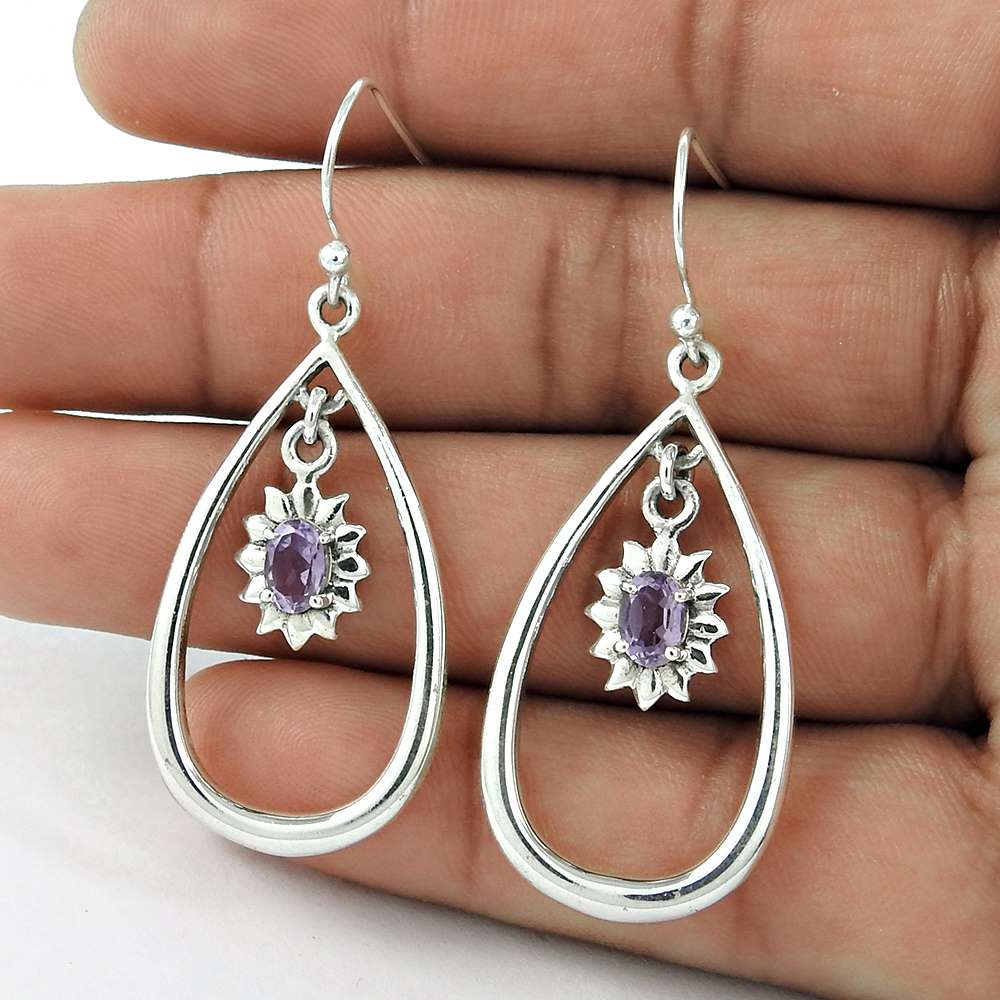 Natural Amethyst Gemstone 925 Sterling Silver Earrings L14