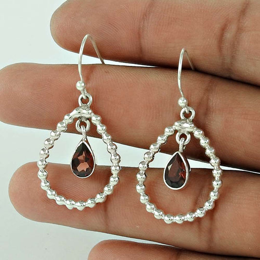925 Sterling Silver Fashion Jewellery Ethnic Garnet Gemstone Earrings