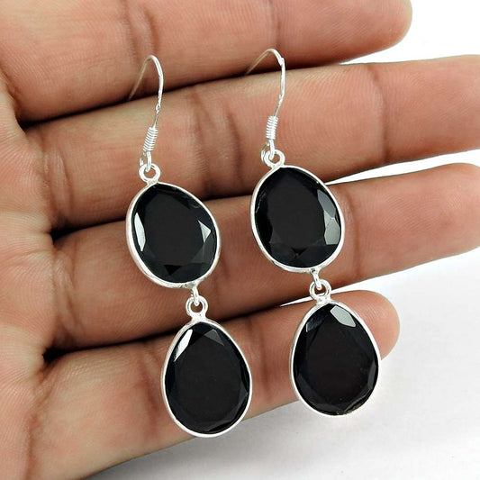 Woman Gift Dangle Earrings 925 Silver Natural Onyx Gemstone T14