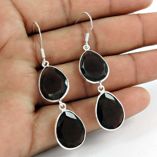 Gift For Her 925 Silver Natural Smoky Quartz Dangle Vintage Earrings S12