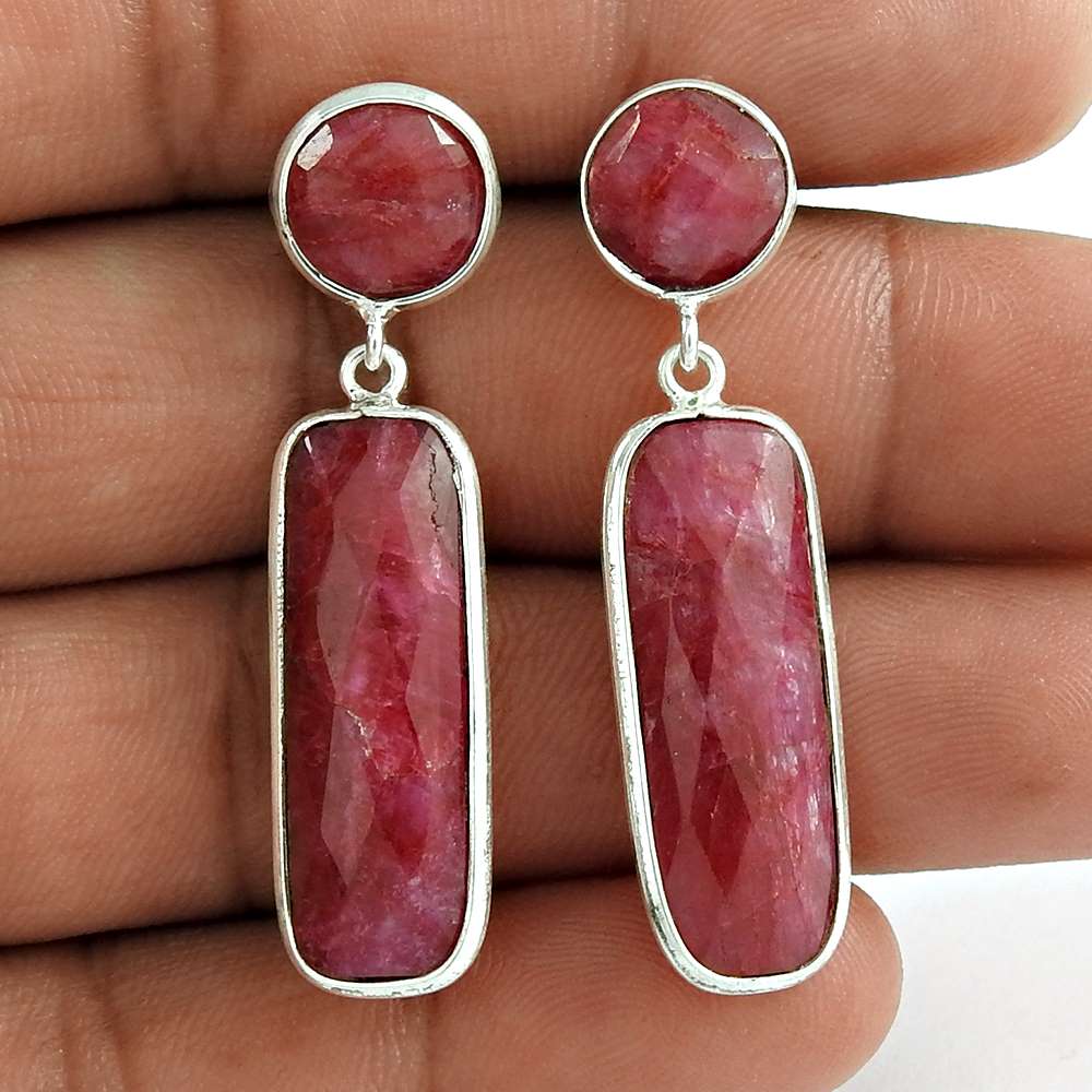 Gift For Her 925 Silver Natural Ruby Gemstone Dangle Ethnic Earrings E4