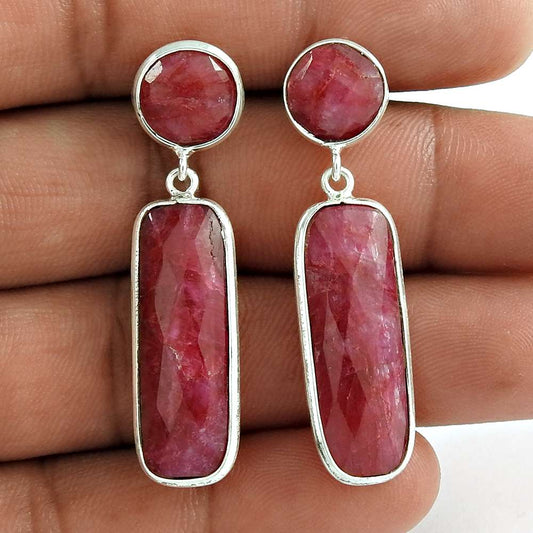 Gift For Her 925 Silver Natural Ruby Gemstone Dangle Ethnic Earrings E4