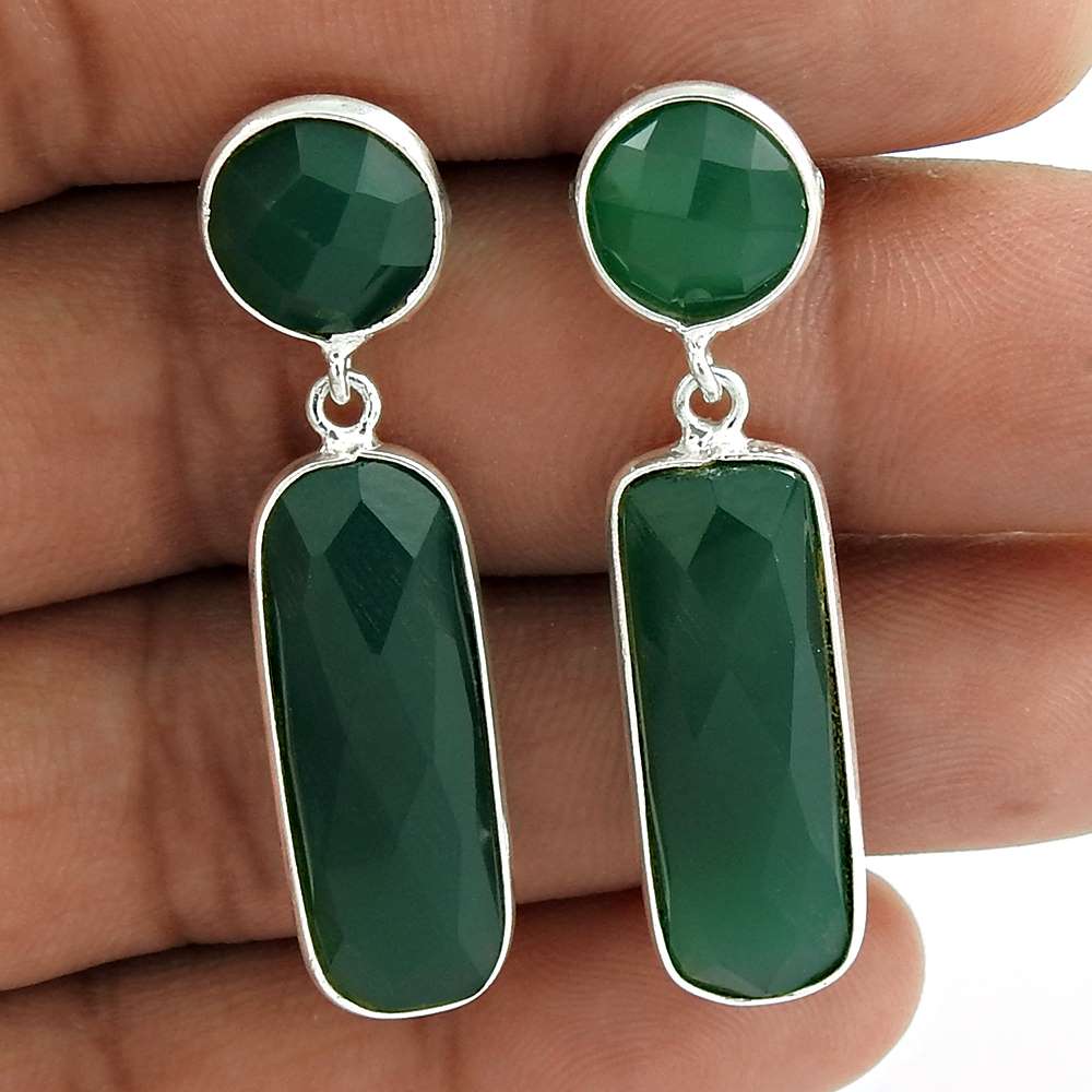 Natural Onyx Gemstone Dangle Tribal Earrings 925 Sterling Silver M84