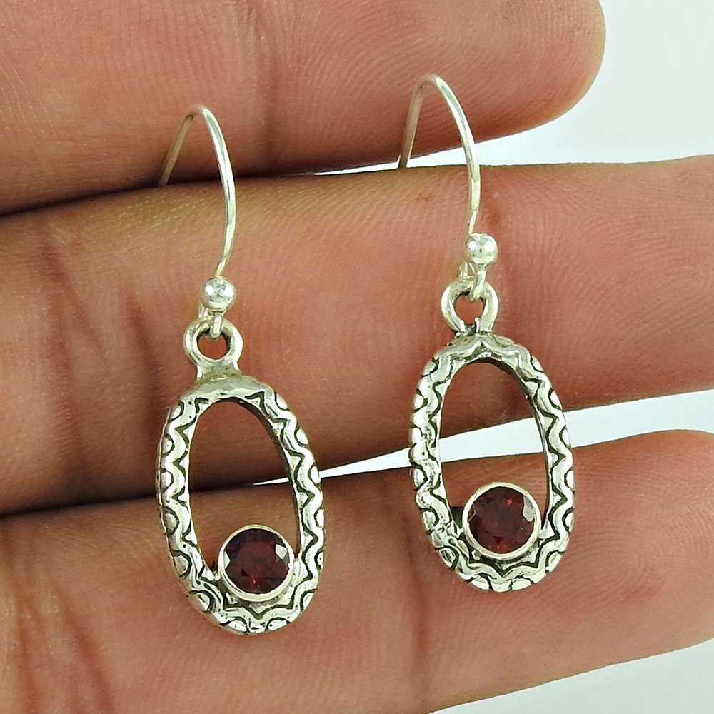Rare 925 Sterling Silver Garnet Gemstone Earring Ethnic Jewellery