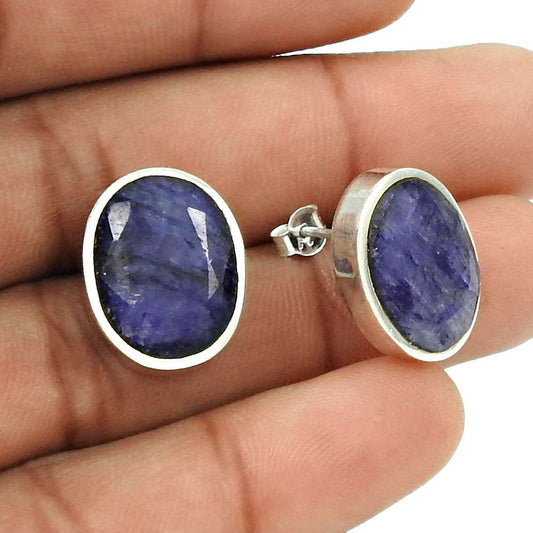 Natural Sapphire Gemstone Stud Tribal Earrings 925 Sterling Silver For Girls L43