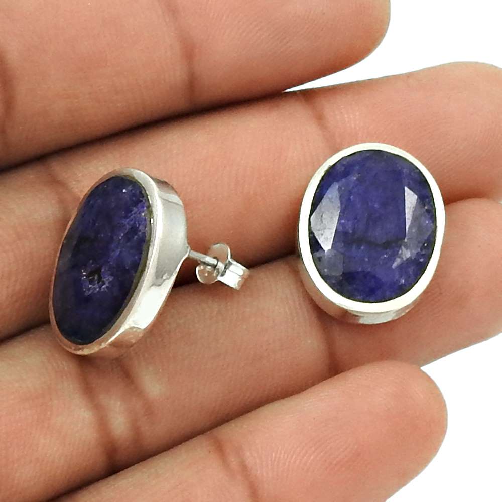 Birthday Gift For Her Natural Sapphire Stud Bohemian Earrings 925 Silver F61