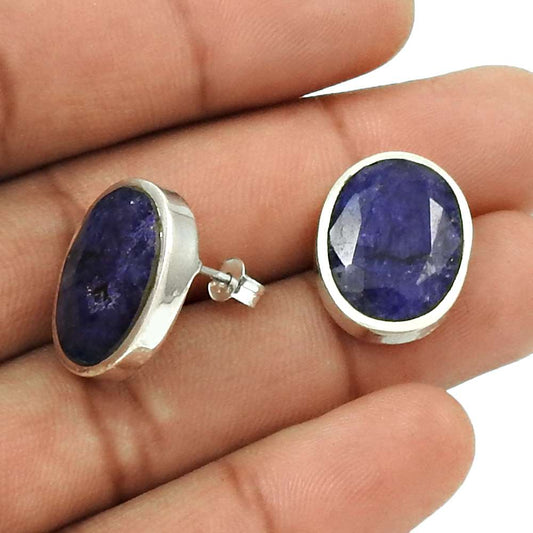 Birthday Gift For Her Natural Sapphire Stud Bohemian Earrings 925 Silver F61