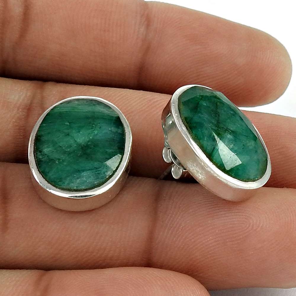 Natural Emerald Gemstone Stud Boho Earrings 925 Sterling Silver For Girls B20